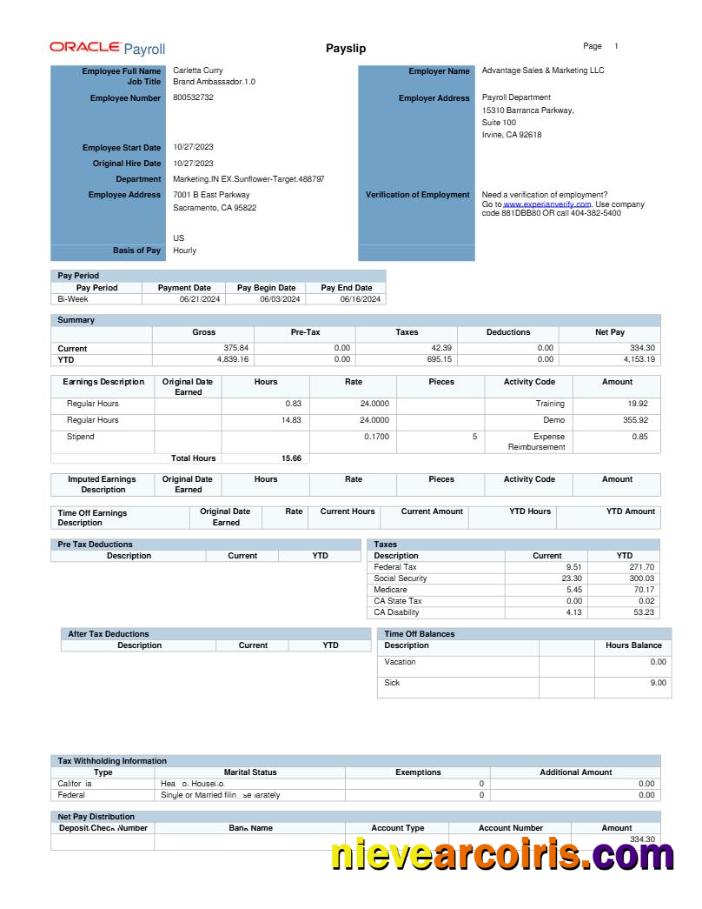 Oracle Payroll Advantage Sales & Marketing LLC payslip
